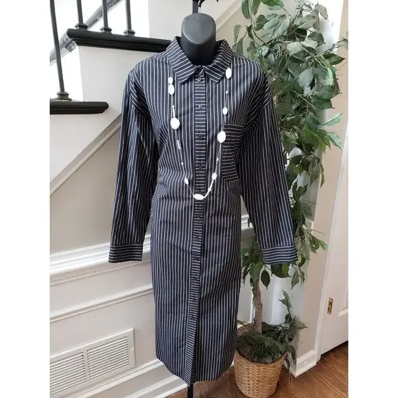 A New Day Dress Women L Black White Striped Shirt Long Sleeve Cotton Midi - Picture 1 of 15